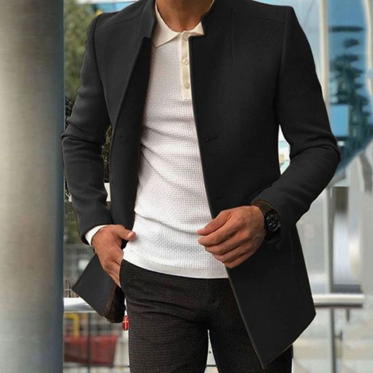 Men's Tailored Slim-Fit Long Winter Coat with Stand Collar