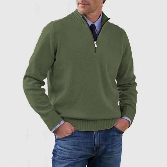 Men's Half-Zip Mock Neck Knitted Sweater with Ribbed Trim