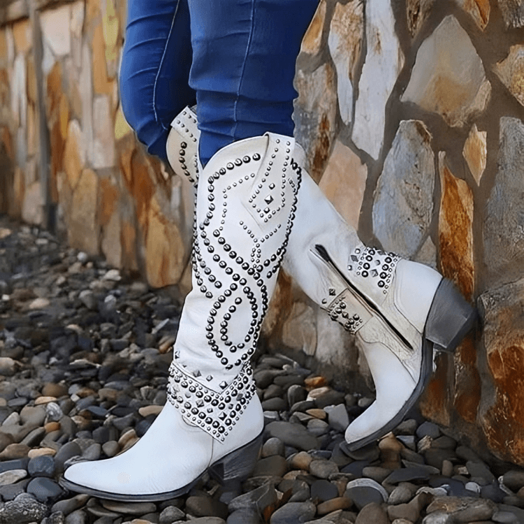 Studded Knee-High Pointed-Toe Brown Leather Boots for Fall
