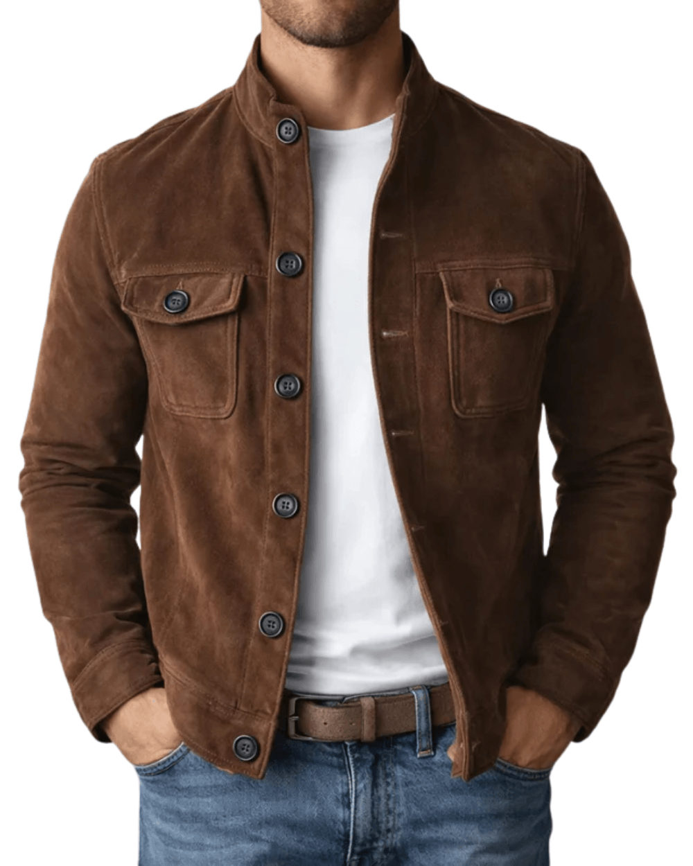 Men's Button-Front Faux Suede Bomber Jacket with Stand Collar and Chest Flap Pockets