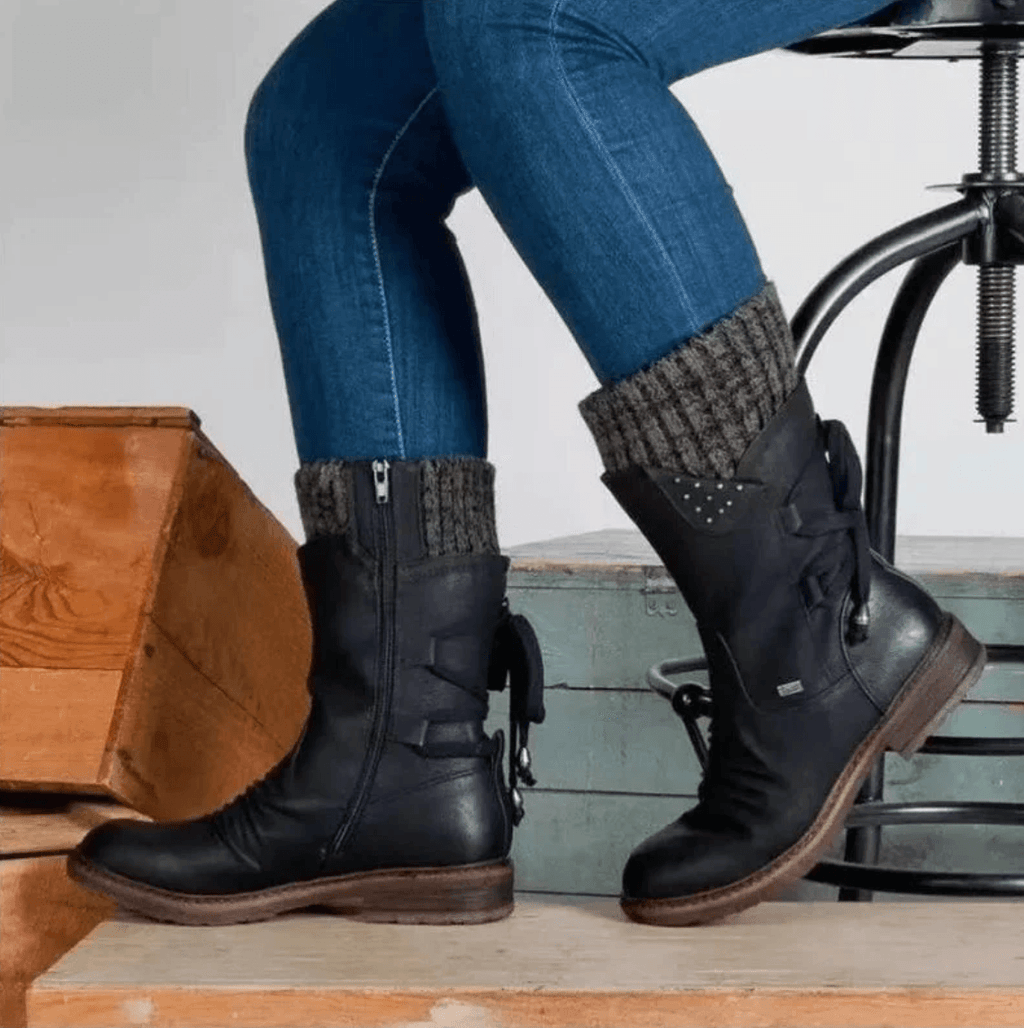 Qing Lace-Up Suede Mid-Calf Women's Boots with Knit Cuff