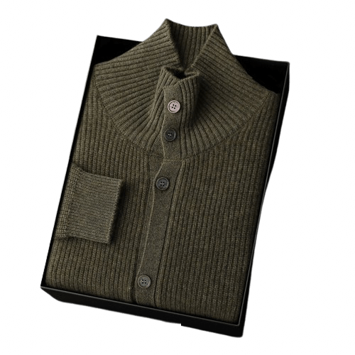 Men's Ribbed Stand-Collar Cardigan in Dense Knit with Button Front and Side Pockets