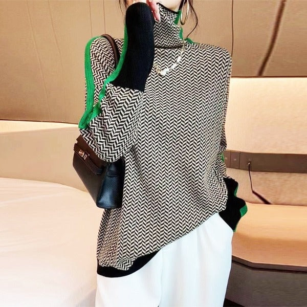 Herringbone Turtleneck Sweater with Contrast Sleeve Stripes for Women