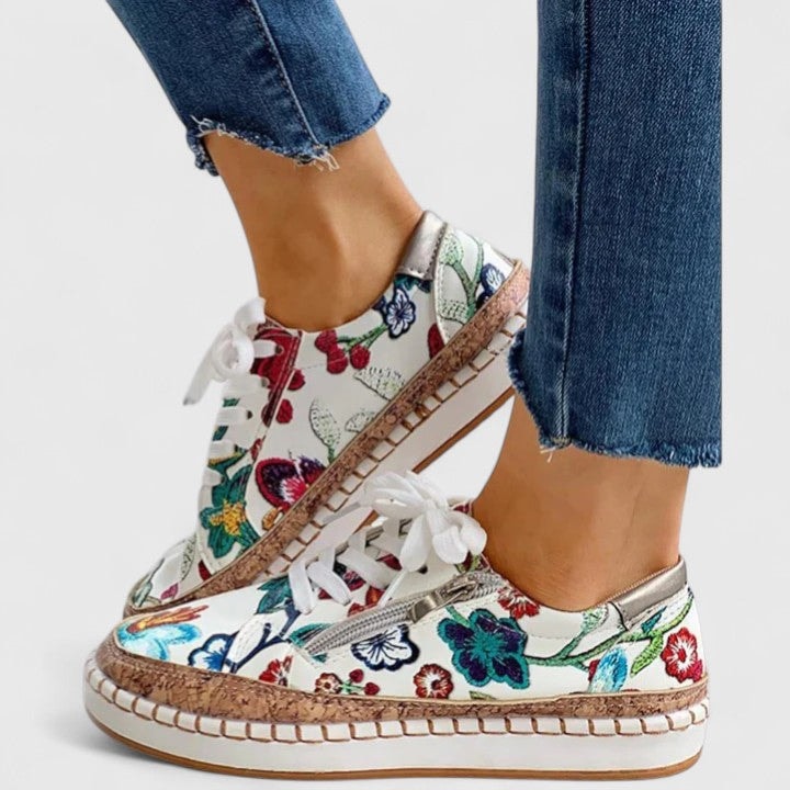 Floral Embroidered Platform Sneakers with Cork Sole for Women