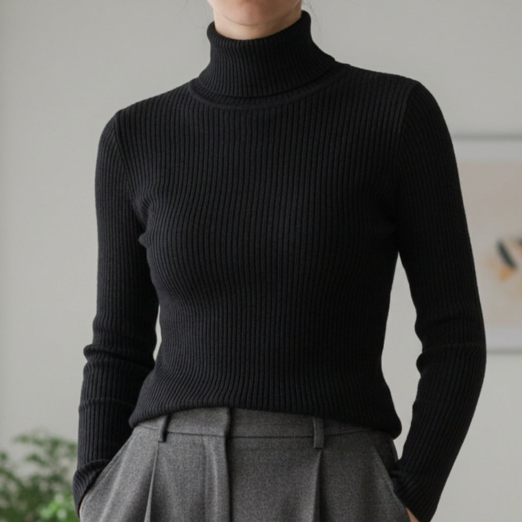 Women's Ribbed Knit Turtleneck Sweater with Long Sleeves and Slim Fit