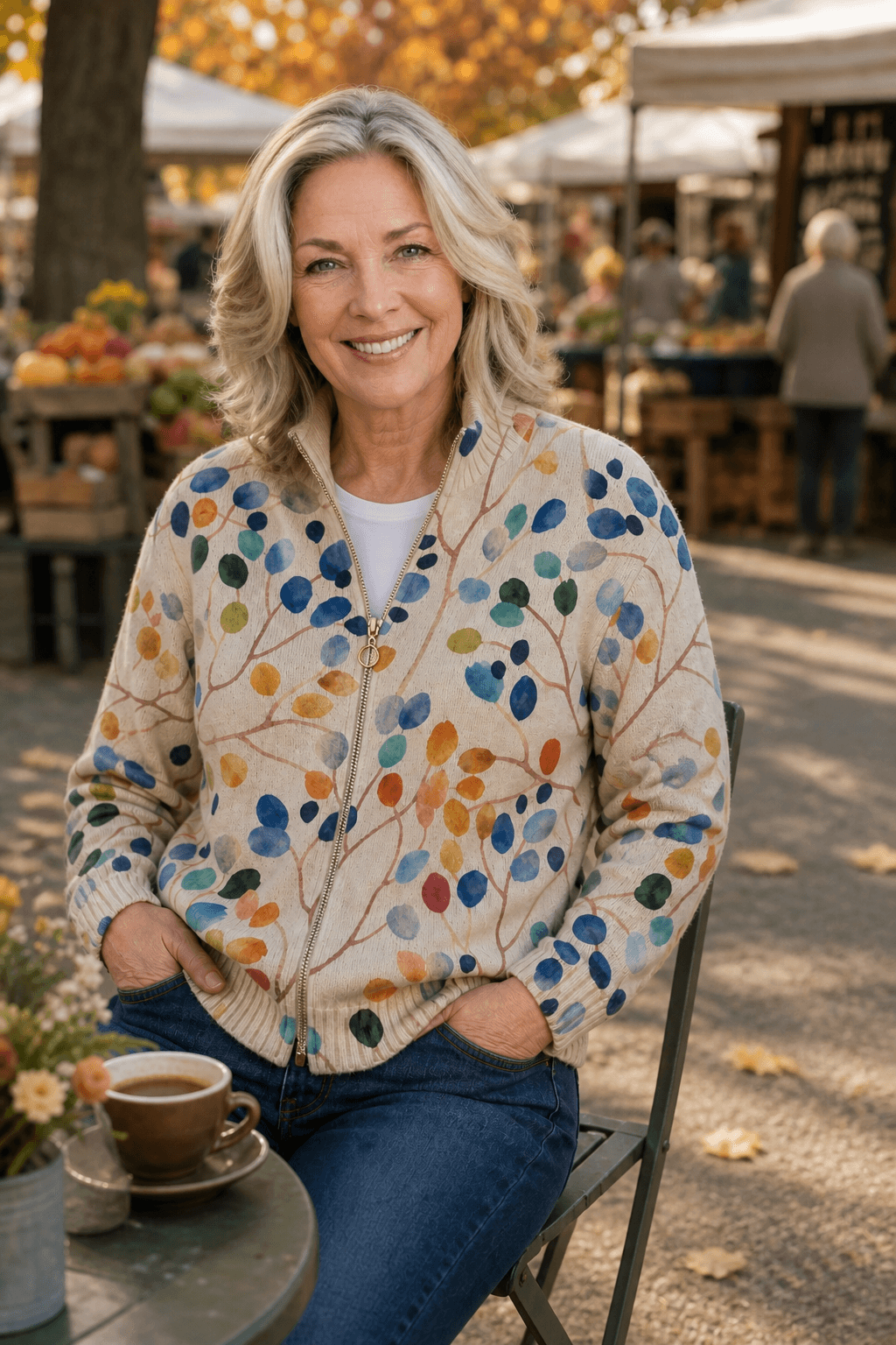 Women's Botanical Print Zip-Up Knit Cardigan Jacket