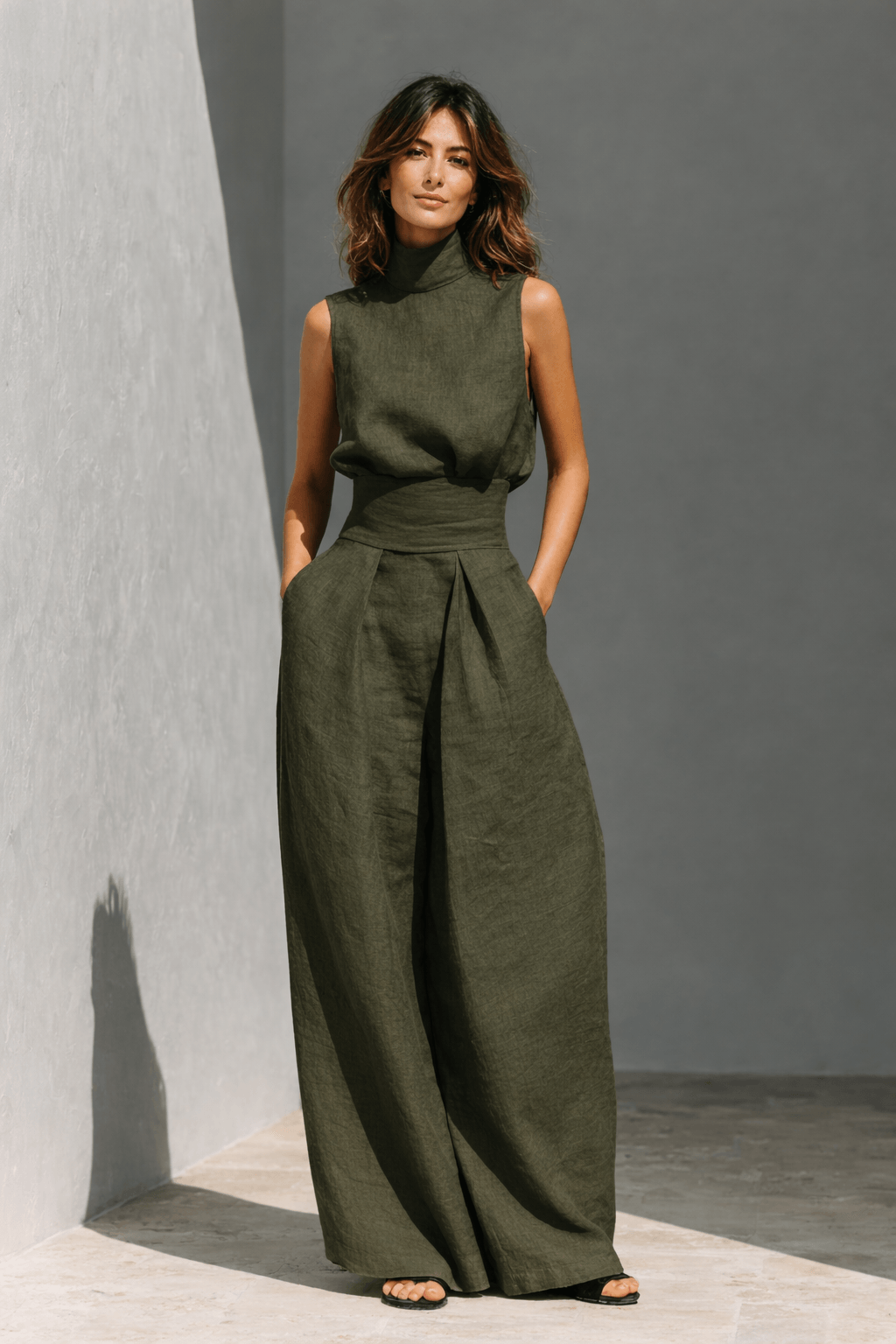 Sleeveless Mock Neck Top and Wide Leg Trouser Two Piece Set