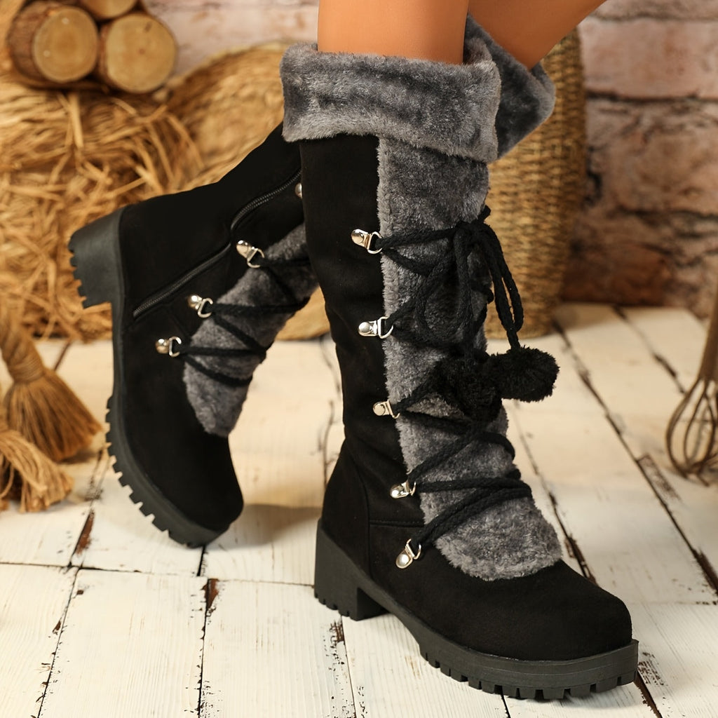 Women's Black Faux Suede Knee-High Boots with Faux Fur Trim and Lace-Up Detail