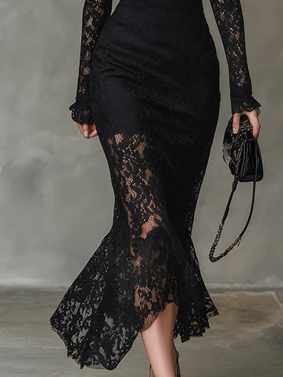 Women's Black Lace Long-Sleeve Maxi Dress with High Neck and Handkerchief Hem