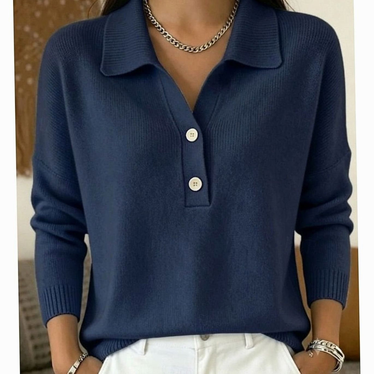 Women's Long Sleeve Collared V-Neck Knit Sweater with Two-Button Placket