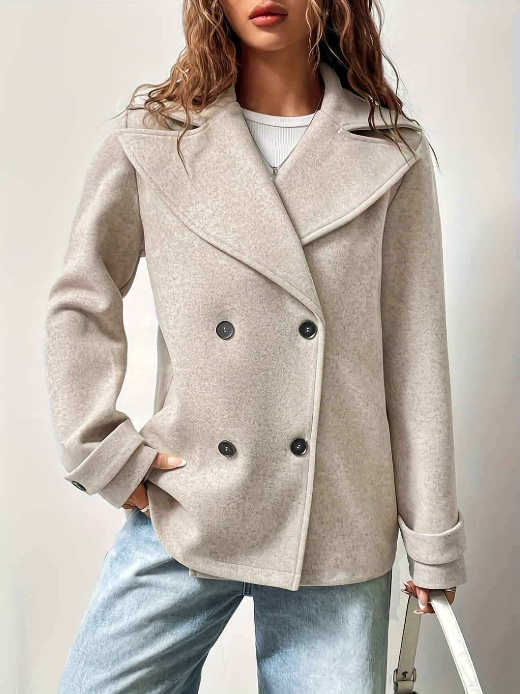 Oversized Double Breasted Pea Coat with Notched Lapel for Women