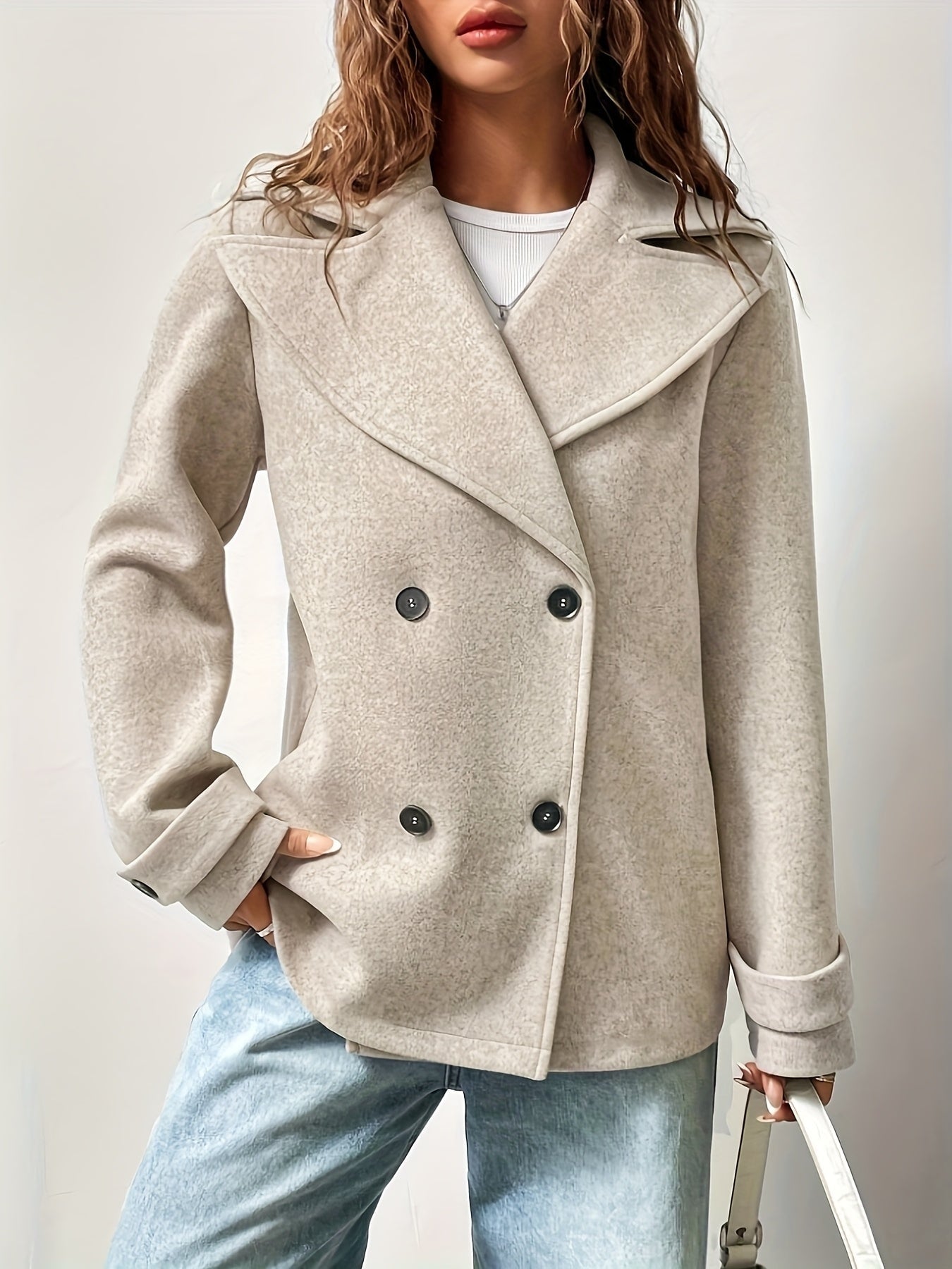 Oversized Double Breasted Pea Coat with Notched Lapel for Women