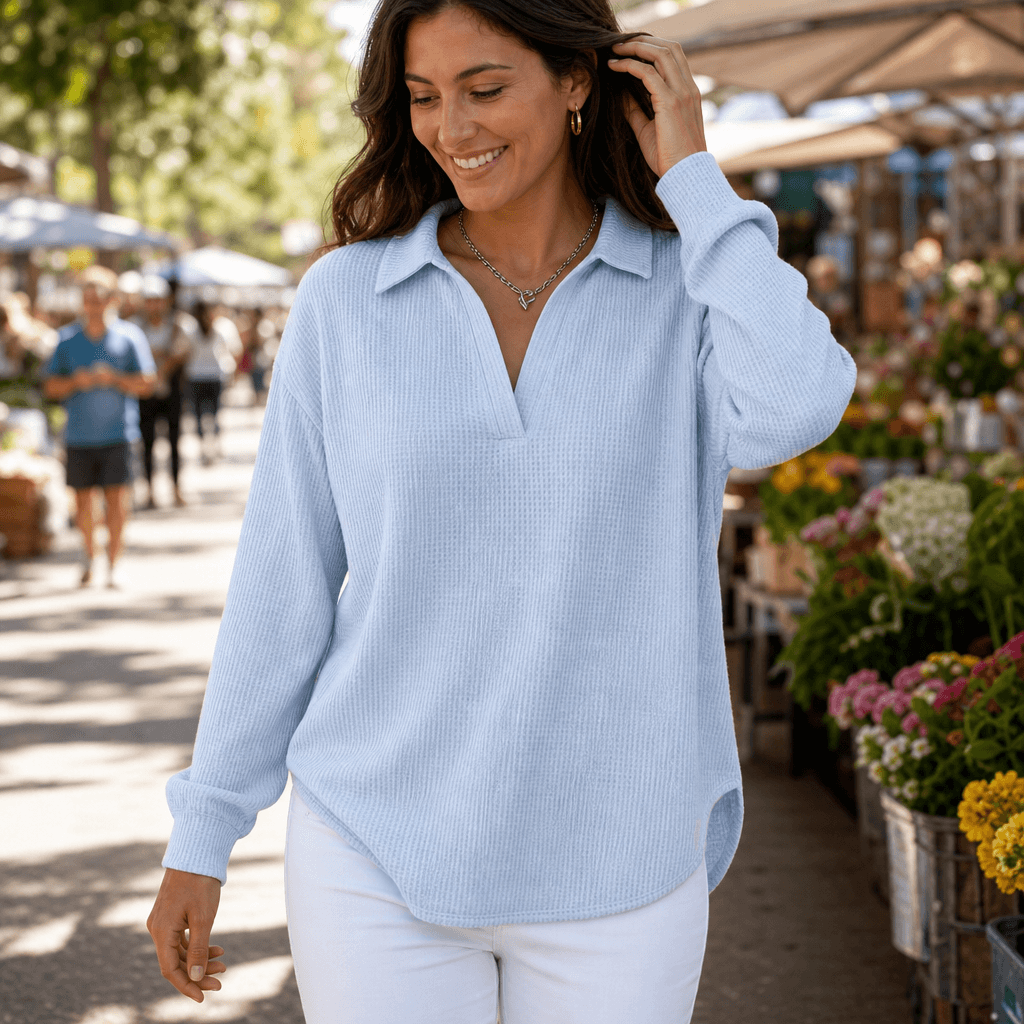 Women's Oversized Waffle-Knit Long-Sleeve V-Neck Sweater with Collar