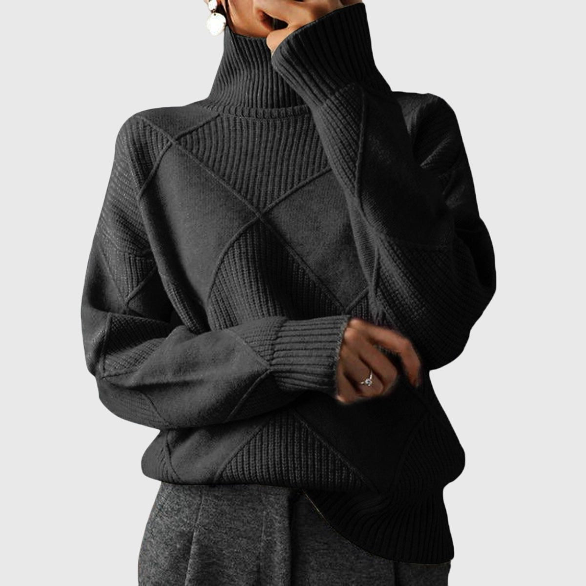 Women's Ribbed Knit Turtleneck Sweater with Diamond Pattern and Relaxed Fit
