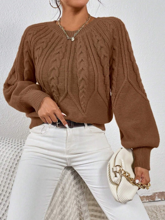 Women's Cropped Cable-Knit Sweater with Ribbed Crew Neck