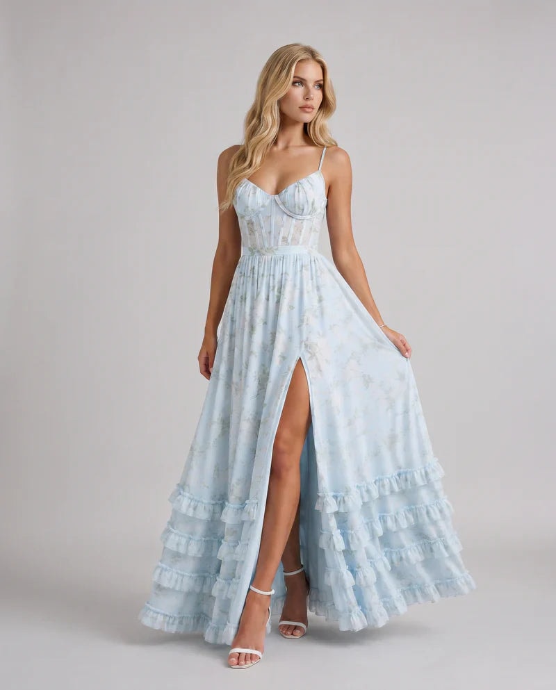 Women's Maxi Floral Chiffon Corset Dress with Tiered Ruffle Hem and Thigh-High Slit
