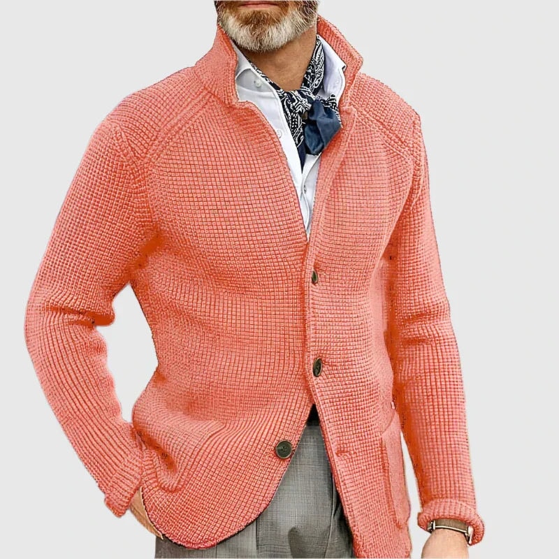 Waffle-Knit Button-Front Mens Sweaters Cardigan with Stand Collar