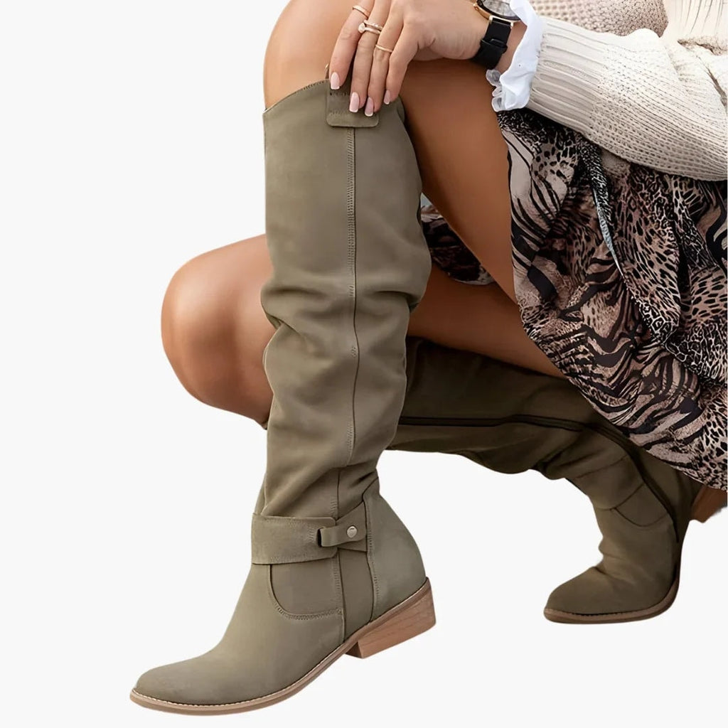 Suede Knee-High Black Boots for Women with Block Heel and Side Zip