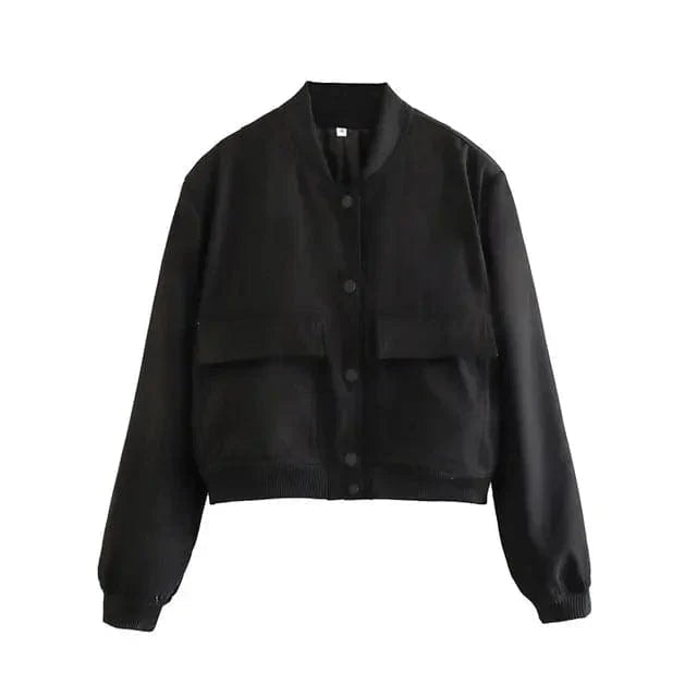 Cropped Bomber Jacket with Snap Front and Rib Knit Trim