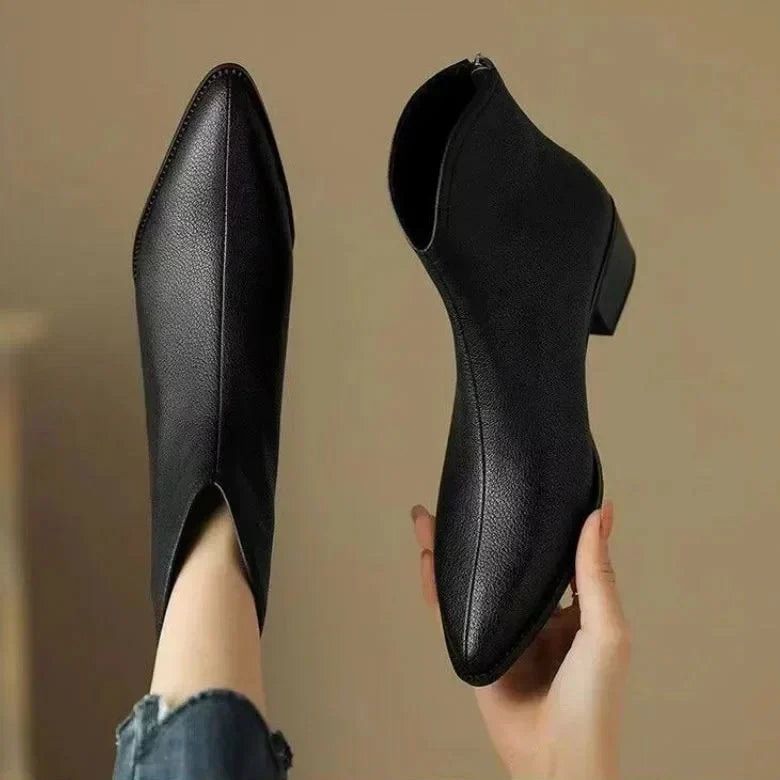Kensley Pointed-Toe Faux Leather Women's Boots with Block Heel and Side Zip