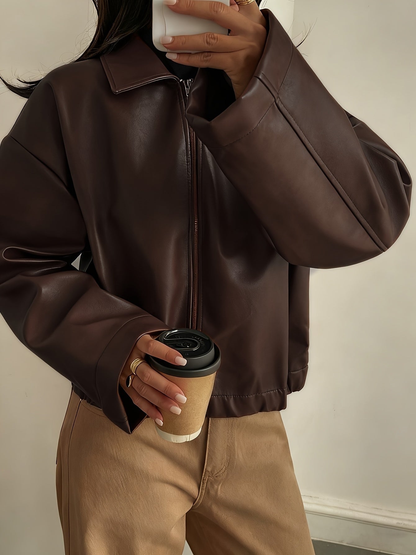 Cropped Faux Leather Jacket with Collar and Zip Front for Women