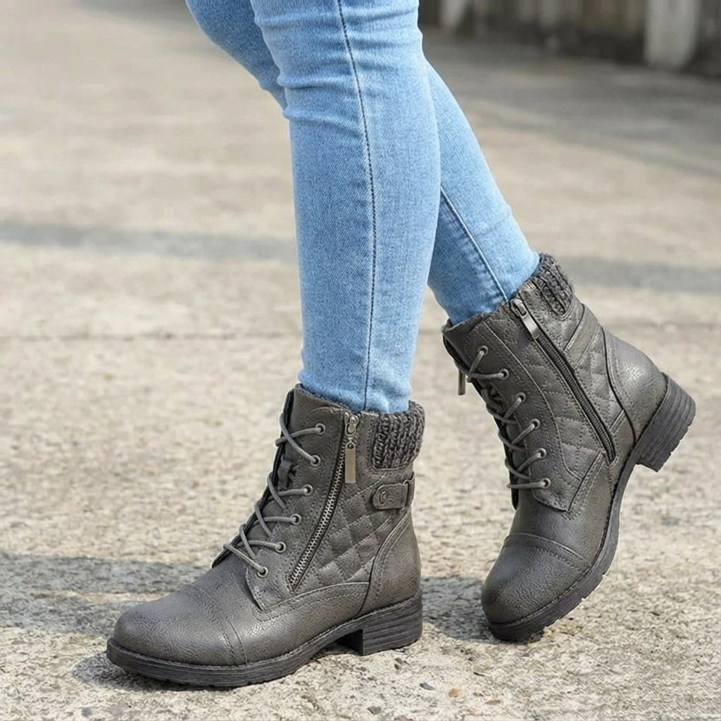 Women's Quilted Lace-Up Ankle Boots with Side Zip and Block Heel