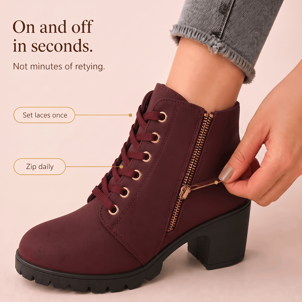 Women's Lace-Up Chunky Block Heel Ankle Boots with Side Zipper and Buckle Strap
