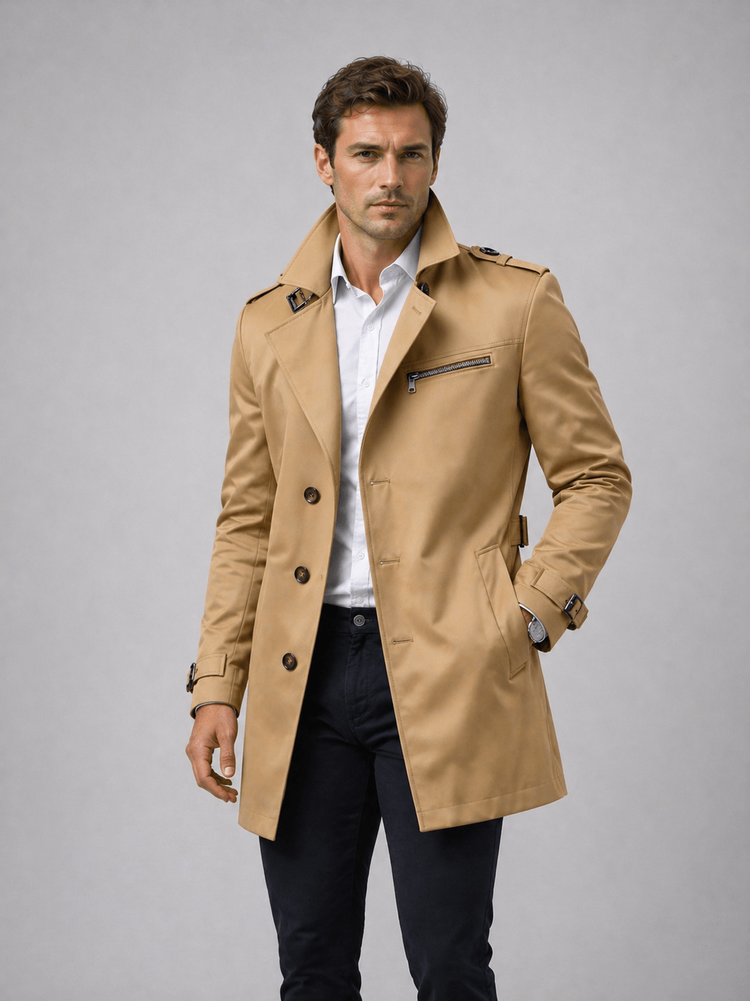 Men's Single-Breasted Mid-Length Belted Trench Coat with Epaulettes and Zip Chest Pocket