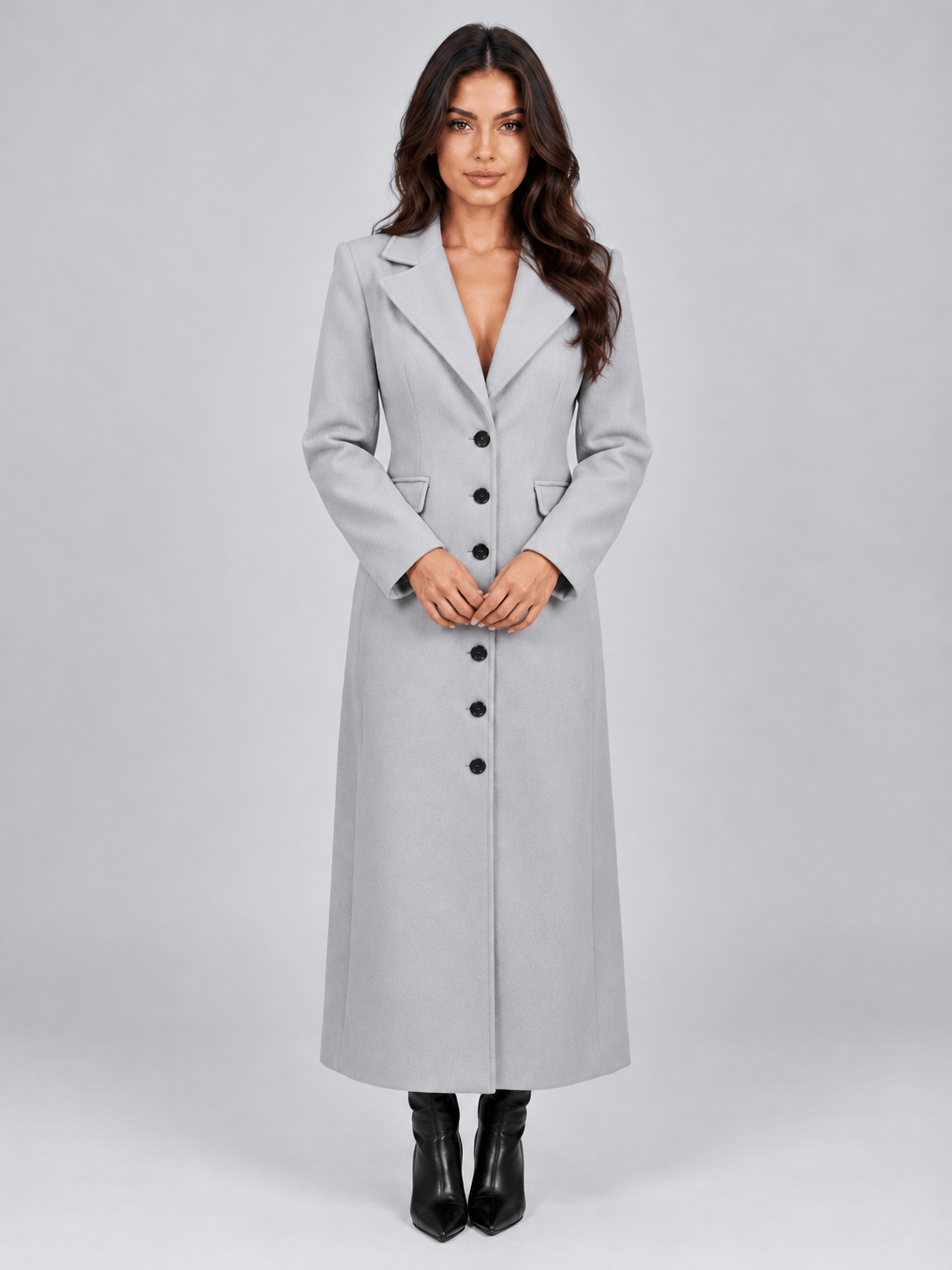 Women's Long Belted Winter Coat with Notched Lapel and Flap Pockets