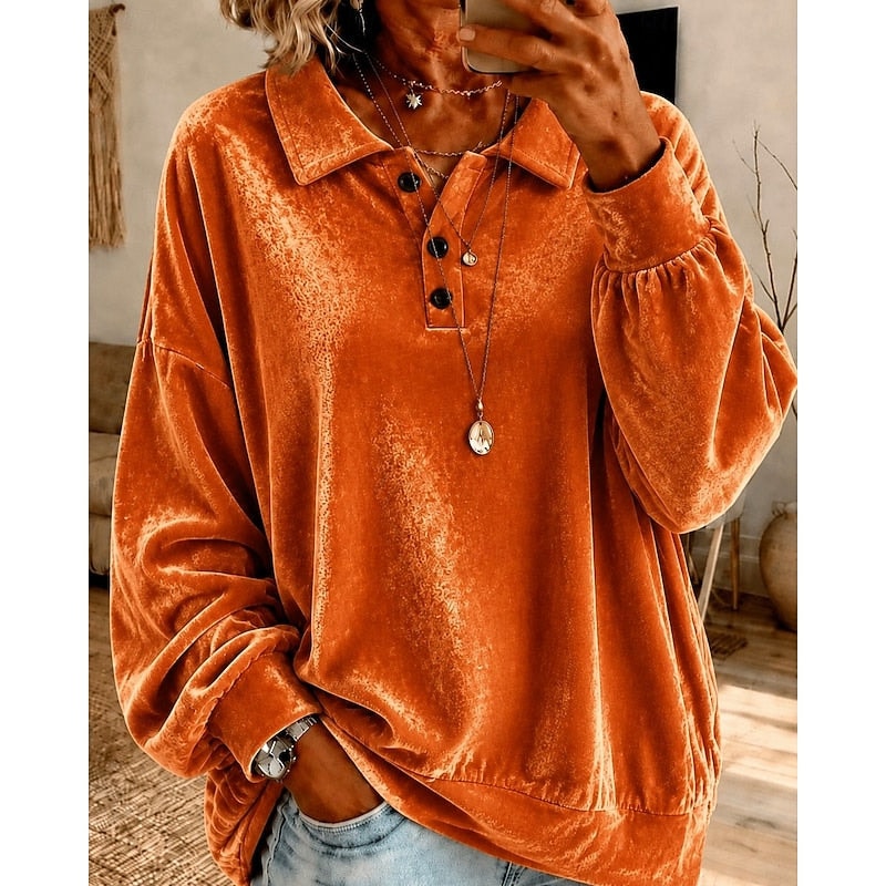 Women's Collared Sweater with Oversized Drop Shoulders and Button Placket