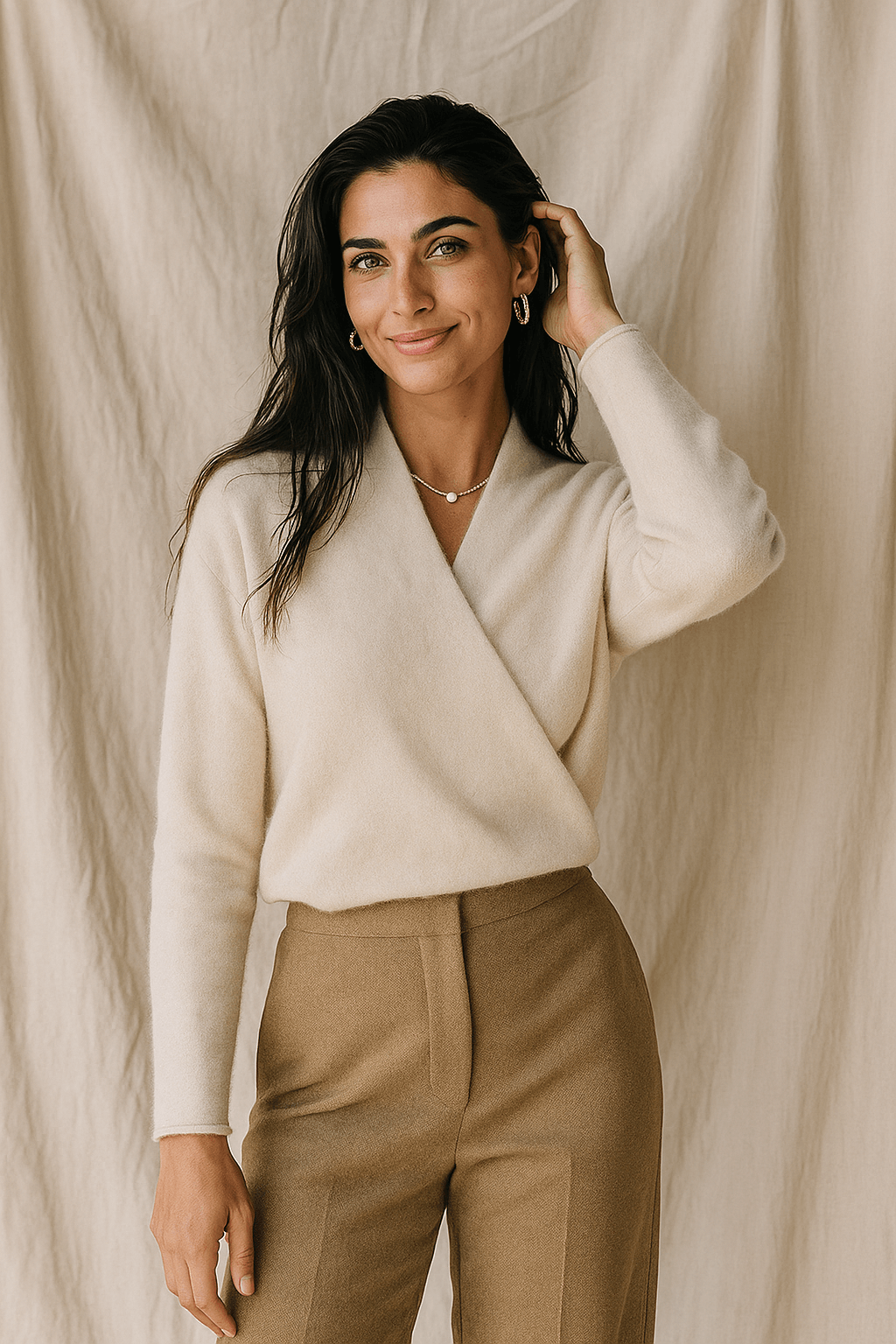 Women's Wrap-Front Knitted Sweater with V-Neck and Ribbed Hem