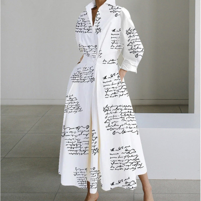 Women's Collared Front Wrap Newspaper Print Maxi Dress