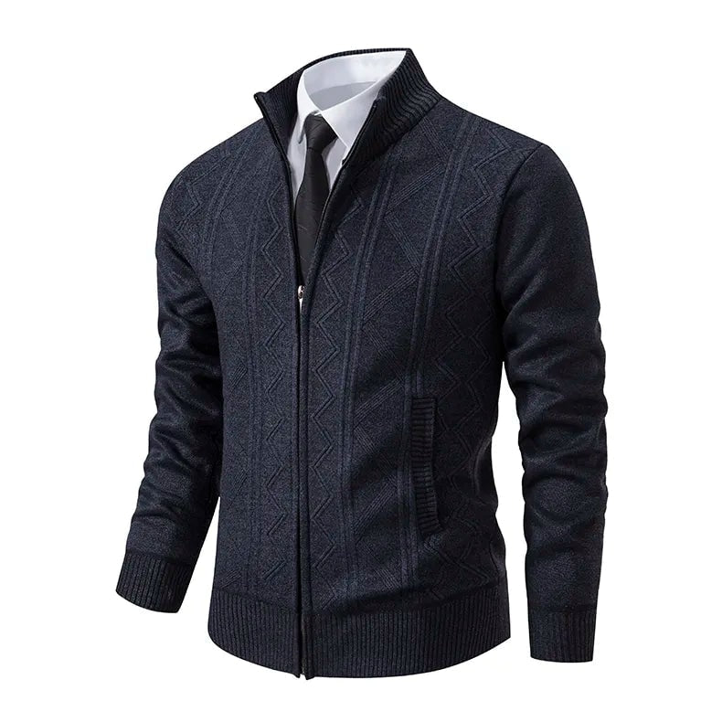 Men's Zip-Up Knit Cardigan with Stand Collar and Geometric Pattern