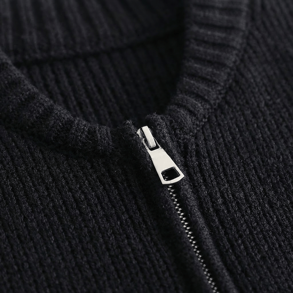 Women's Chunky Knit Zip-Up Cardigan with Bomber Collar and Ribbed Hem