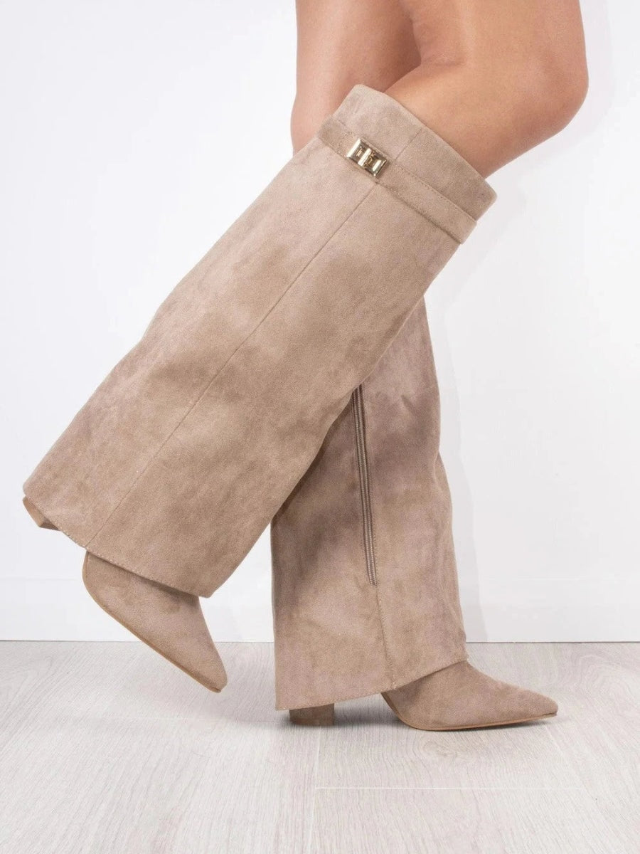 Knee-High Fold-Over Brown Boots with Buckle Strap for Fall and Winter