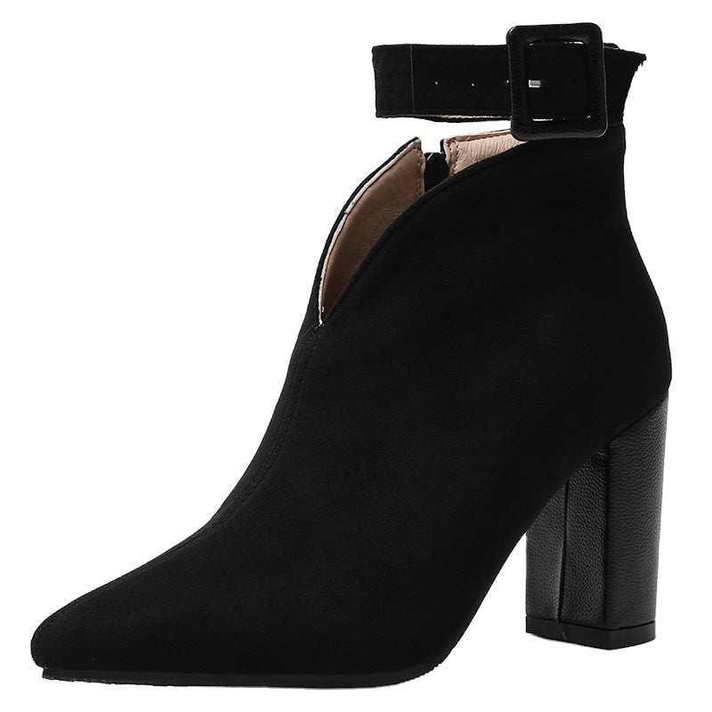 Women's Suede Ankle Boots with V-Cut Front and Buckle Strap Block Heel