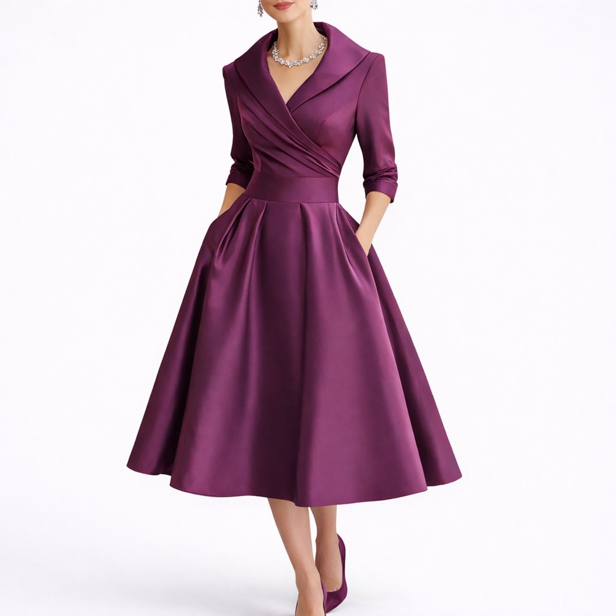 Women's Wrap-Front A-Line Midi Dress with Wide Collar and Side Pockets