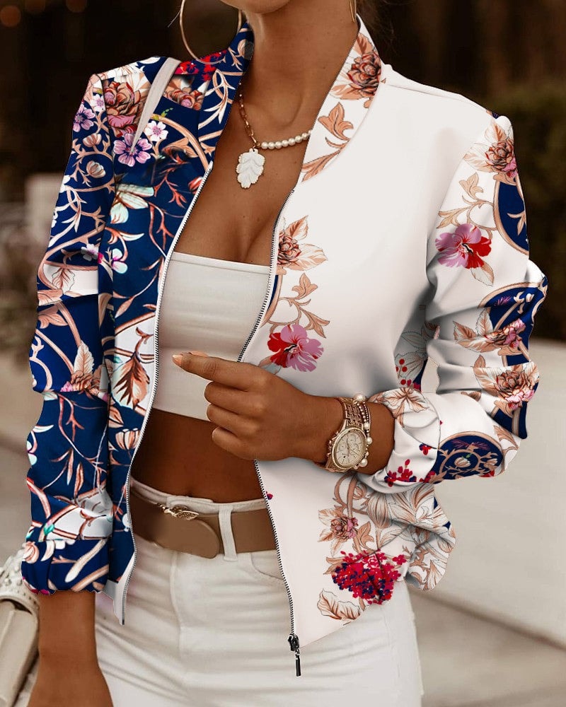 Meabh High-Neck Oversized Floral Print Zip-Up Bomber Jacket for Women