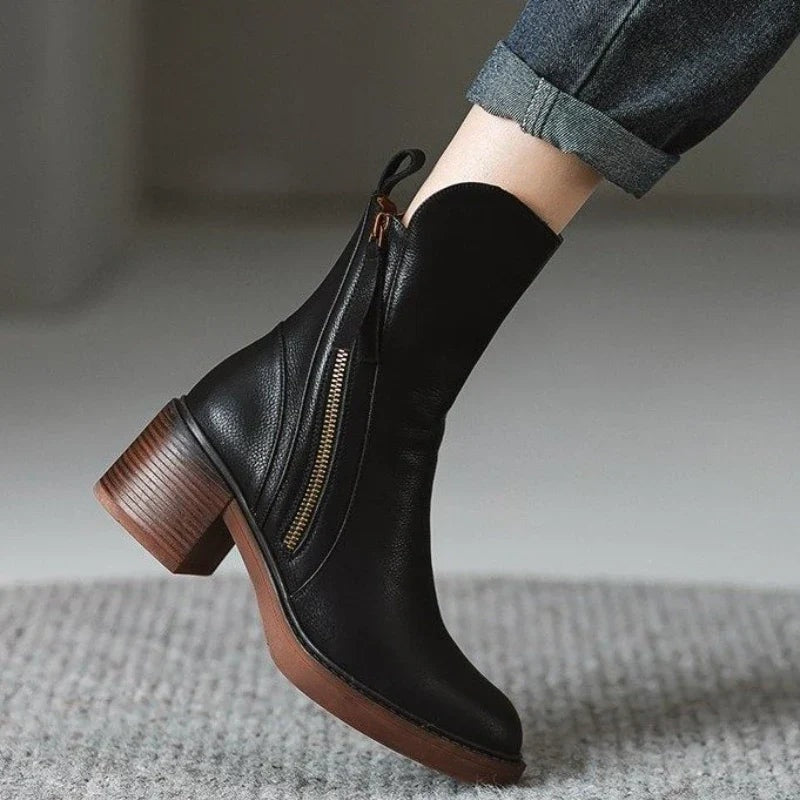 Women's Ankle Boots with Side Zipper and Block Heel in Synthetic for Fall
