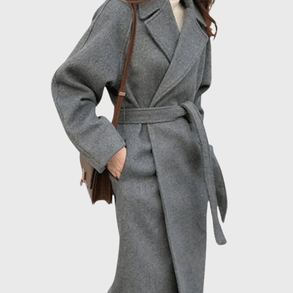 Notched Lapel Wrap Winter Coat with Belted Tie Waist in Wool Blend