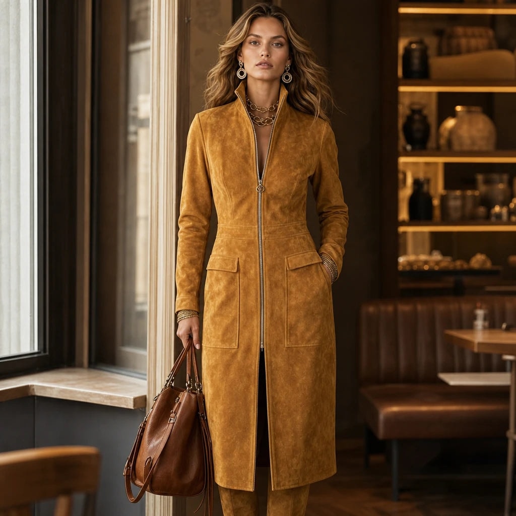 Women's Fitted Long Faux Suede Coat with Stand Collar and Full-Length Zip