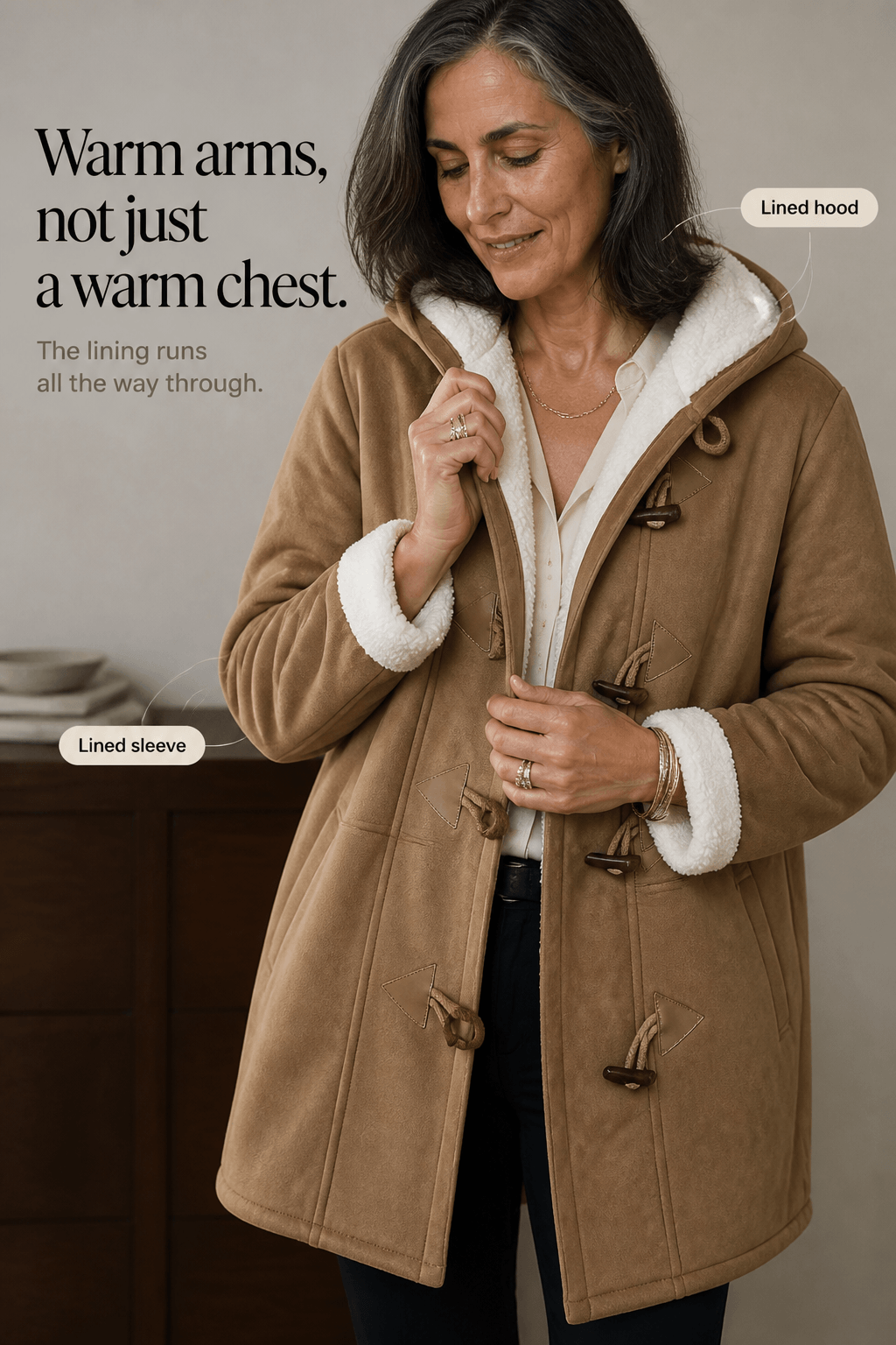 Women's Hooded Faux Suede Winter Coat with Plush Sherpa Lining