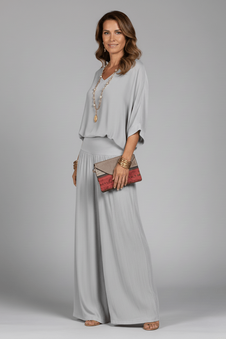 Natalie Women's Chiffon Wide-Leg Two-Piece Co-Ord Set with Draped Top