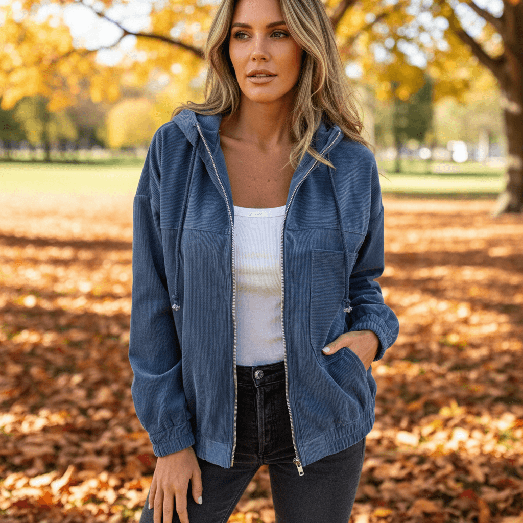 Women's Lightweight Hooded Corduroy Zip-Up Jacket with Chest Pocket and Elastic Cuffs
