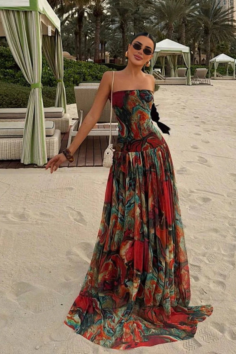 Strapless Pleated Maxi Dress for Homecoming Dresses and Fall Weddings