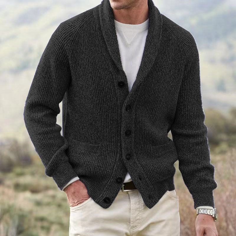 Men's Loose-Fit Ribbed Knit Shawl Collar Cardigan with Button Front and Pockets