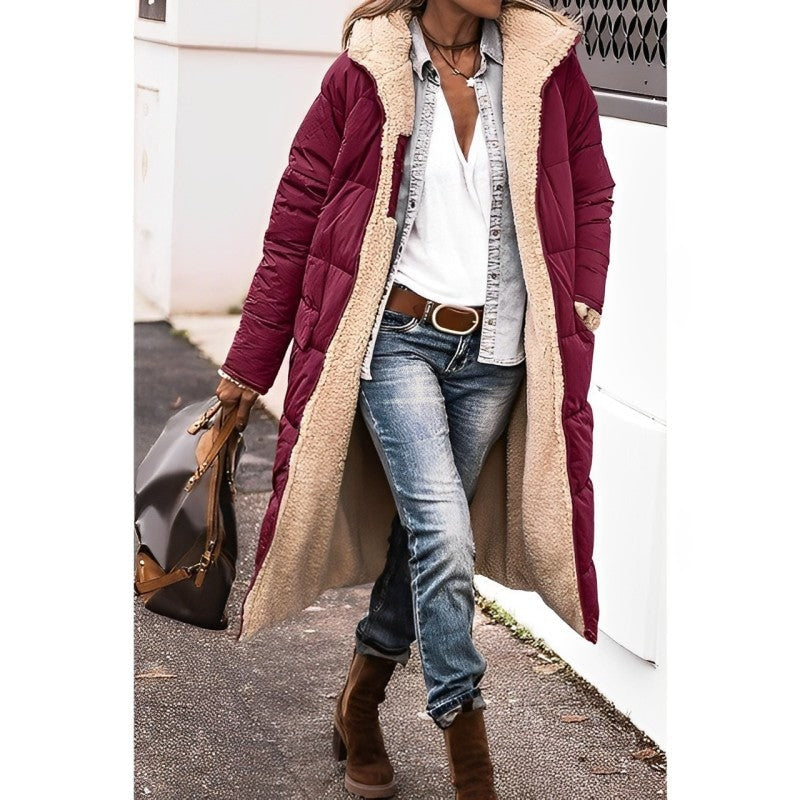 Reversible Teddy-Lined Longline Puffer Winter Coat with Hood