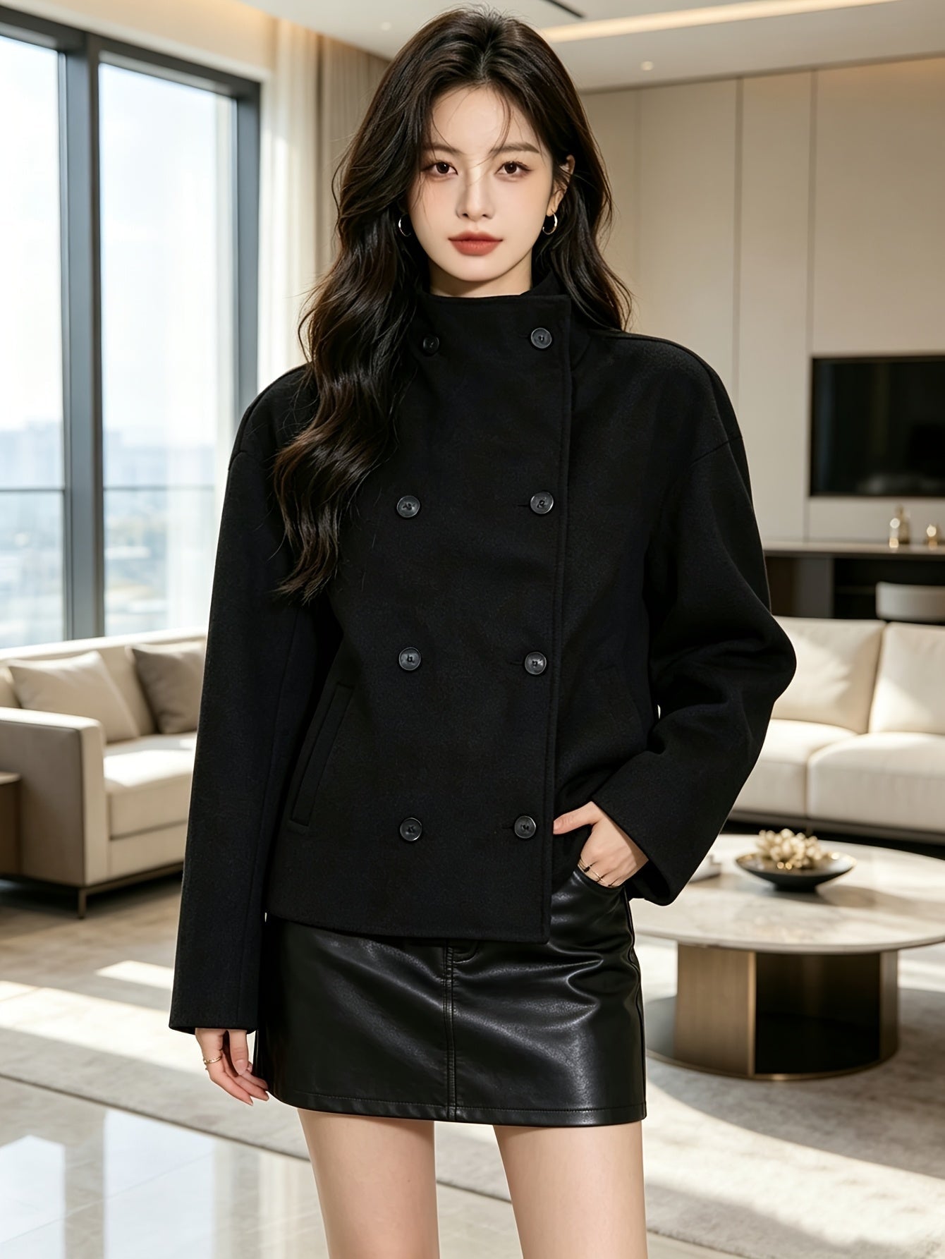 Cropped Wool Pea Coat with Notch Lapel and Double Breasted Button Front