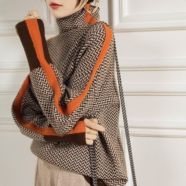Herringbone Turtleneck Oversized Sweater with Striped Sleeve Panels