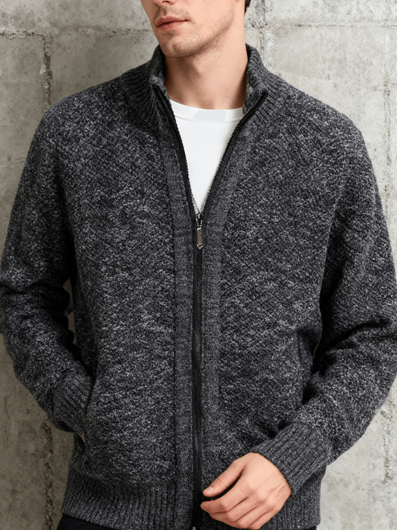 Men's Marled Knit Cardigan with Full-Length Zip and Ribbed Stand-Up Collar